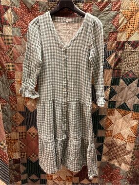 Light Blue and White Gingham V-Neck Tiered Button Dress